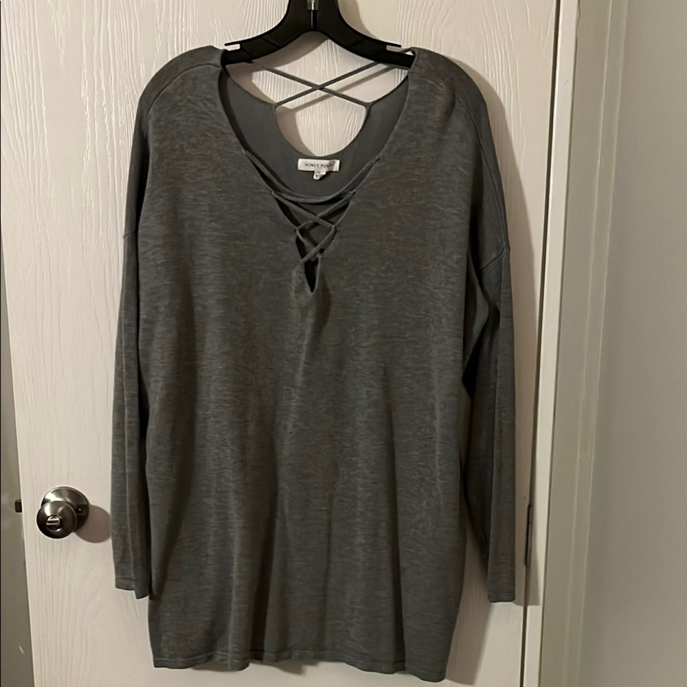 Gray Long Sleeve Crisscross Top